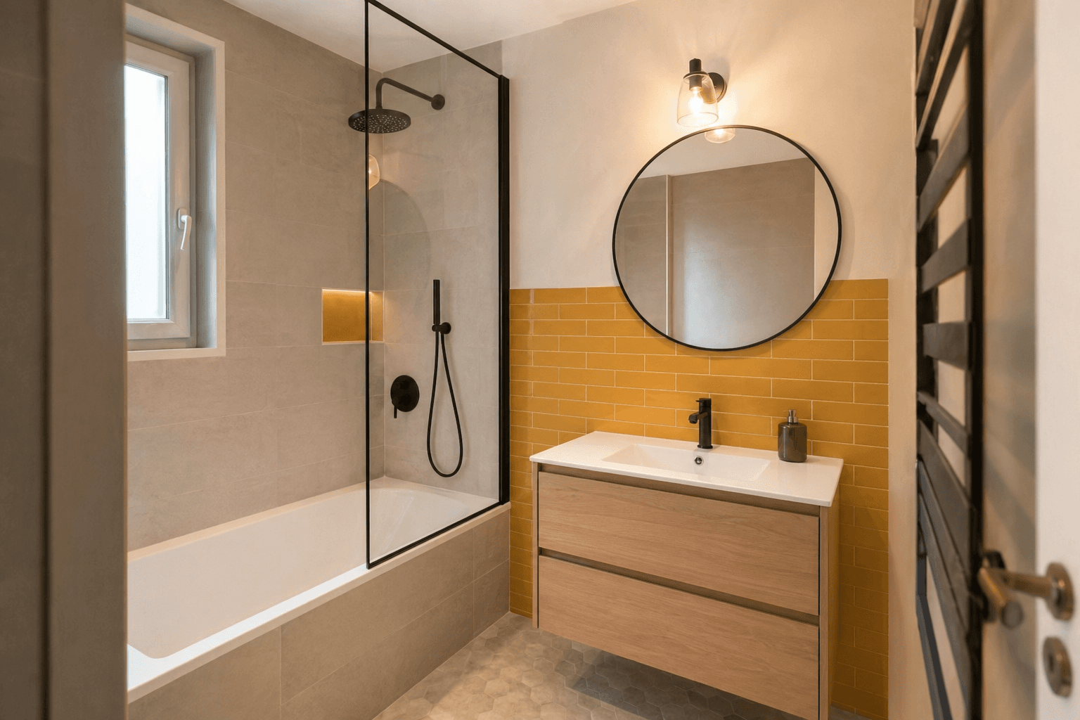 Pose de carrelage mural, finitions salle de bain rénovée