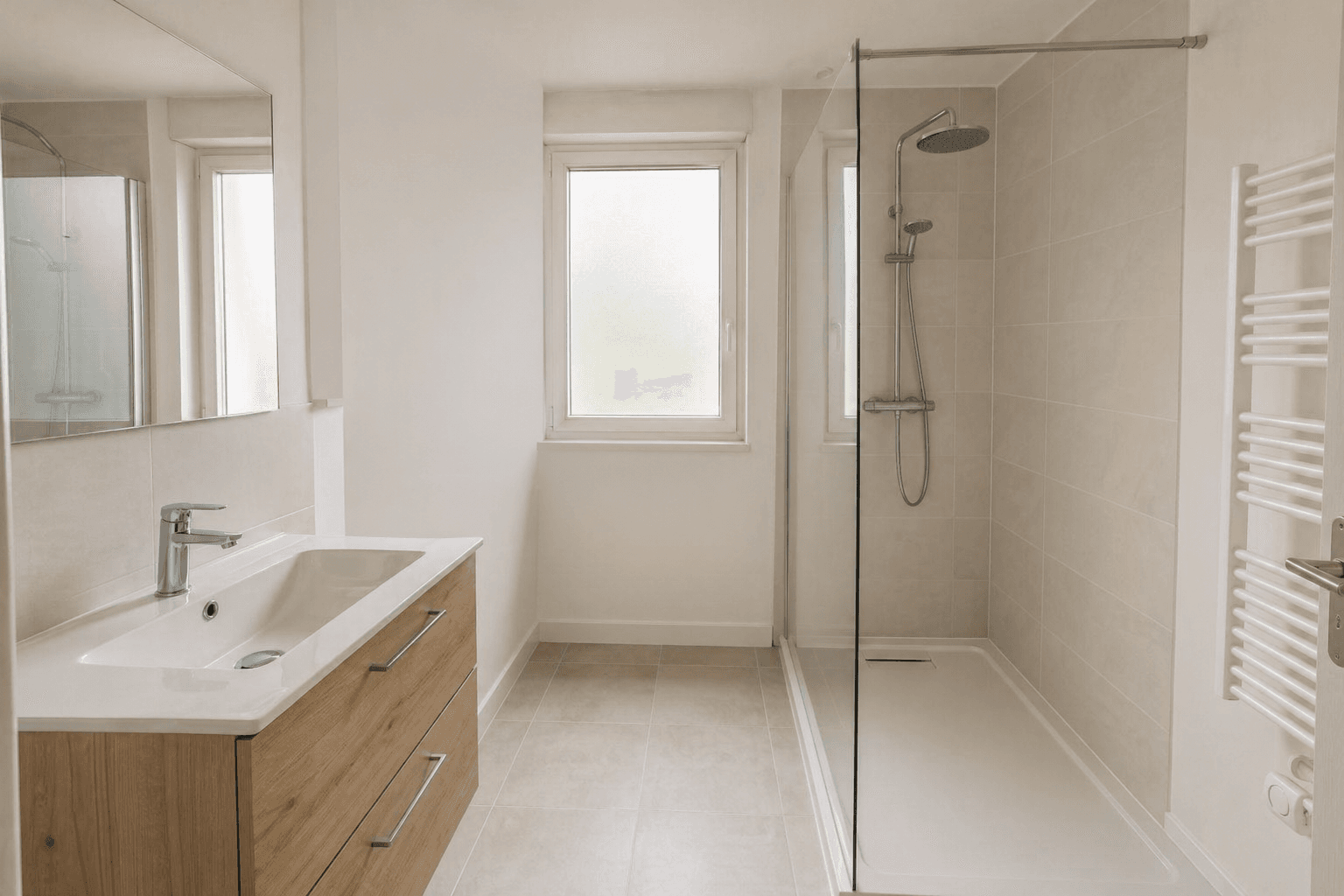 Salle de bain rénovée en Île-de-France : service rénovation avec douche et carrelage