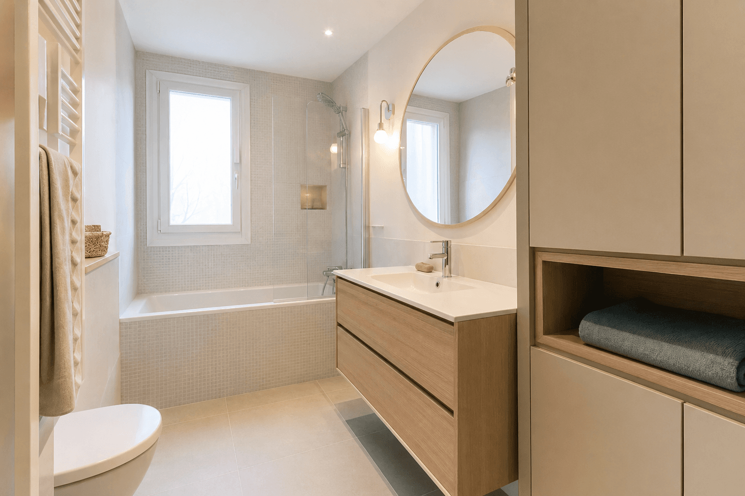 Salle de bain rénovée, vasque, miroir et finitions contemporaines