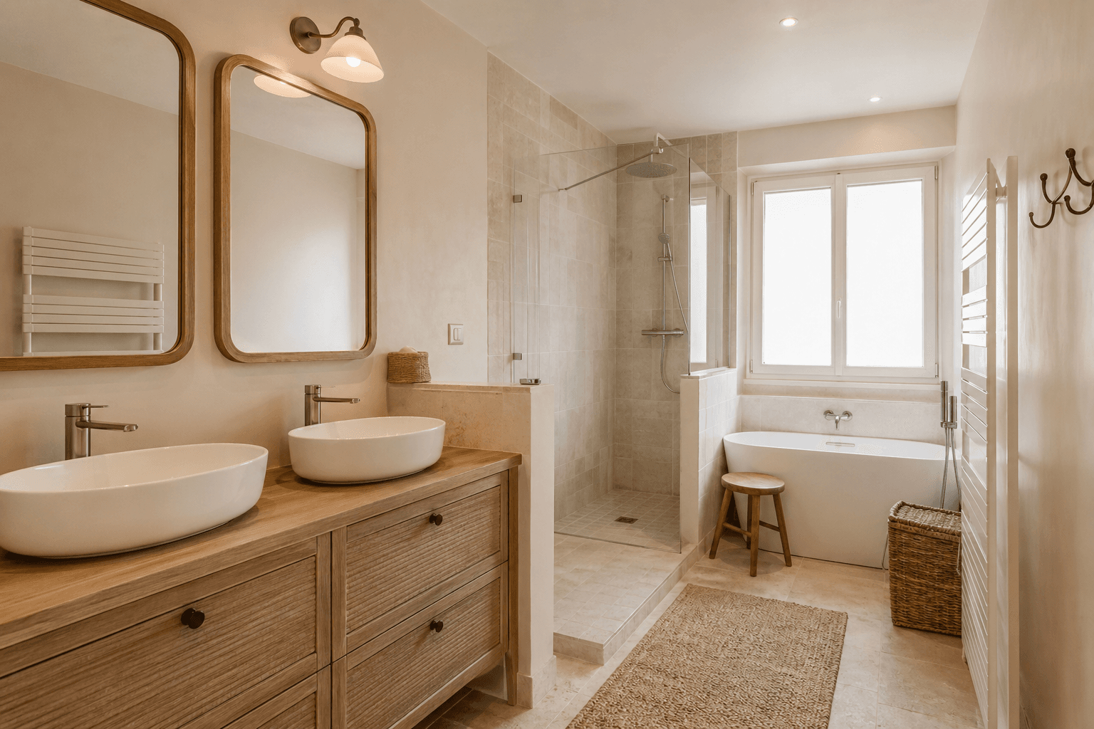 Salle de bain rénovée à Neuilly-sur-Seine : carrelage grand format et niche intégrée