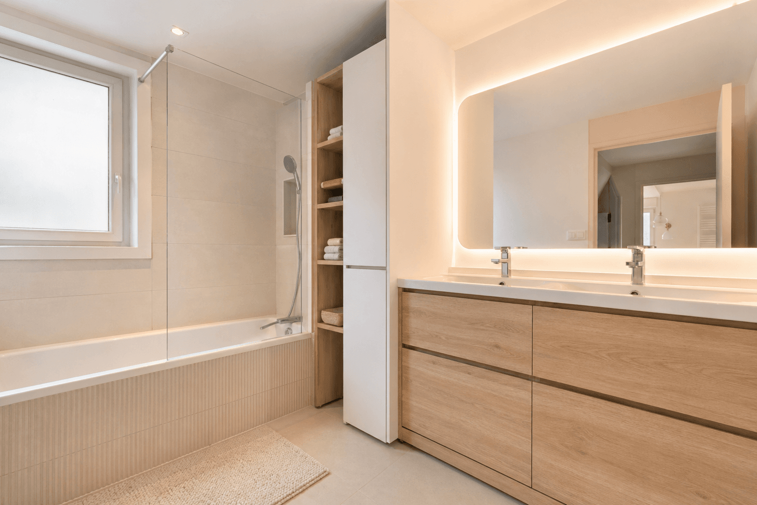 Salle de bain lumineuse à Neuilly-sur-Seine : douche italienne et finitions claires