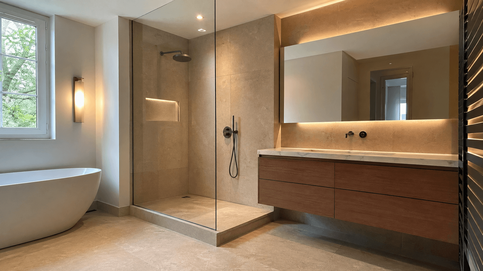 Salle de bain moderne rénovée en Île-de-France : douche italienne et meuble vasque