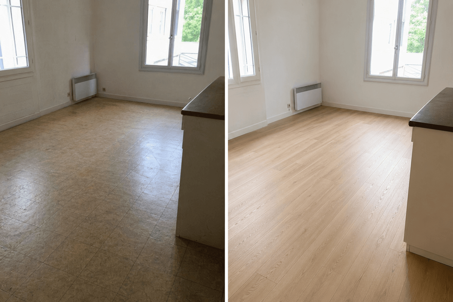 Séjour rénové en Île-de-France : parquet posé et jonctions nettes